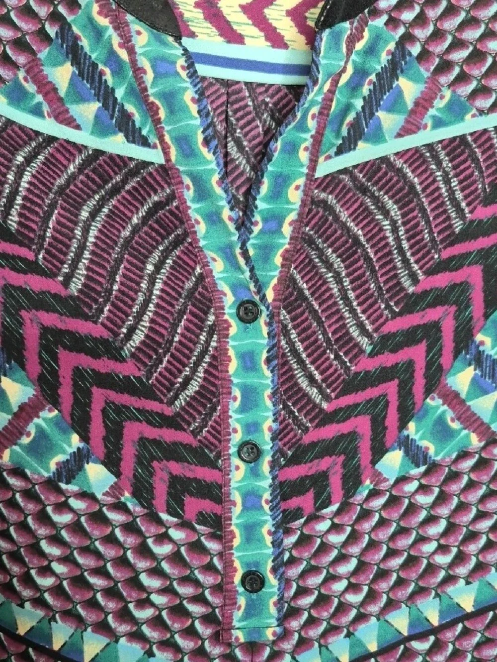 Hale Bob Geometric Chevron‎ V-Neck Shift Dress Purple Pink Teal Blue Large